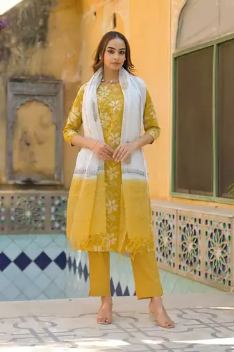 Divena mustard floral print cotton straight fit kurta pant with dupatta