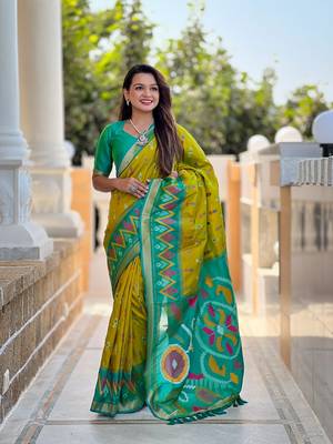 Pista Ikat Weaving Art Silk Saree 1