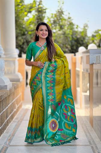 Pista Ikat Weaving Art Silk Saree
