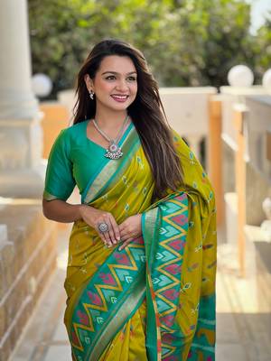 Pista Ikat Weaving Art Silk Saree 2