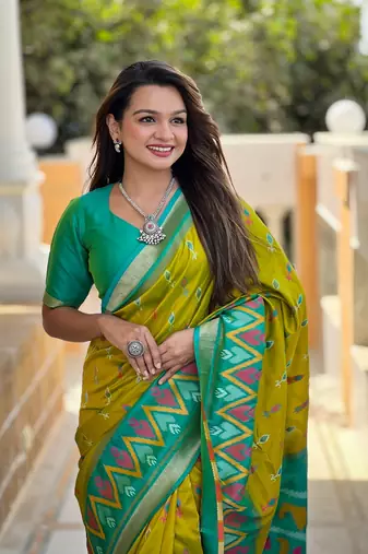Pista Ikat Weaving Art Silk Saree