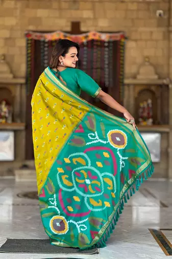Pista Ikat Weaving Art Silk Saree