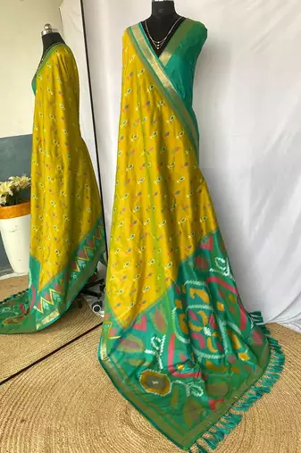Pista Ikat Weaving Art Silk Saree