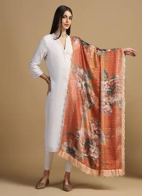 Digital floral motif print chinon silk embroadery sequnce work traditional dupatta wear on kurti for women and girls 1