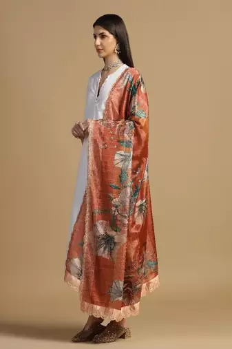 Digital floral motif print chinon silk embroadery sequnce work traditional dupatta wear on kurti for women and girls