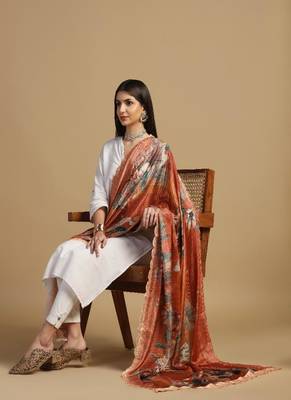Digital floral motif print chinon silk embroadery sequnce work traditional dupatta wear on kurti for women and girls 3