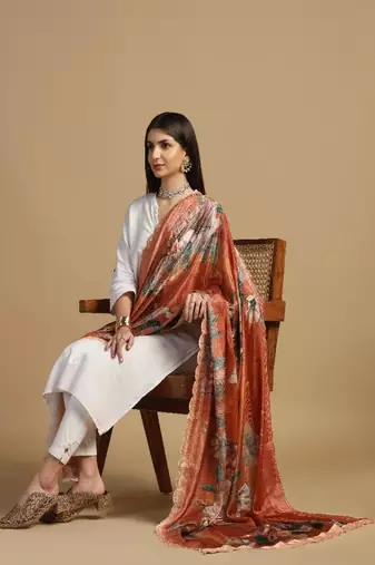 Digital floral motif print chinon silk embroadery sequnce work traditional dupatta wear on kurti for women and girls