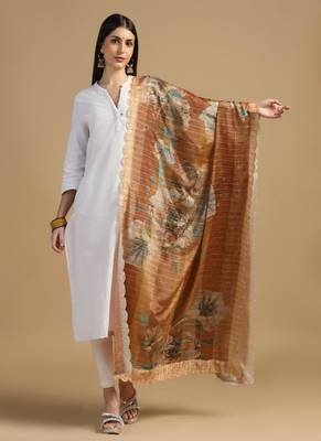 Digital floral motif print chinon silk embroadery sequnce work traditional dupatta wear on kurti for women and girls 1