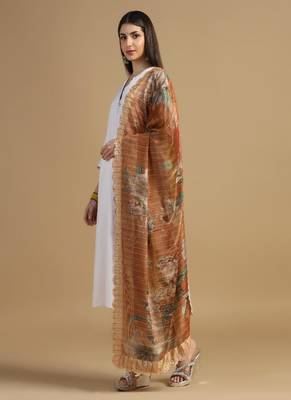 Digital floral motif print chinon silk embroadery sequnce work traditional dupatta wear on kurti for women and girls 2