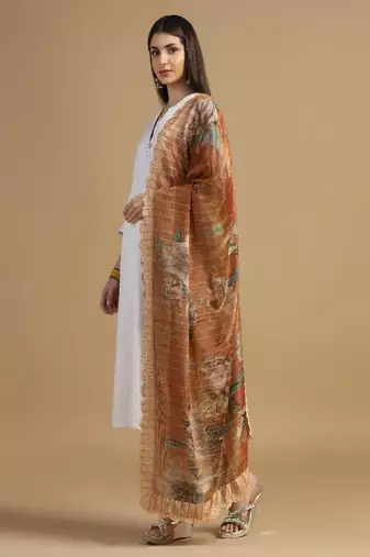 Digital floral motif print chinon silk embroadery sequnce work traditional dupatta wear on kurti for women and girls
