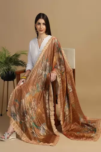 Digital floral motif print chinon silk embroadery sequnce work traditional dupatta wear on kurti for women and girls
