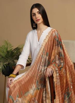 Digital floral motif print chinon silk embroadery sequnce work traditional dupatta wear on kurti for women and girls 5