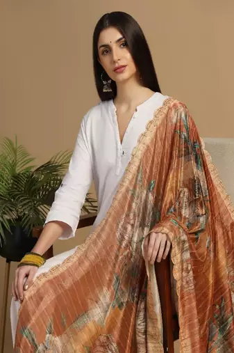 Digital floral motif print chinon silk embroadery sequnce work traditional dupatta wear on kurti for women and girls