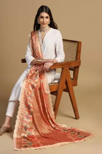 Digital floral motif print chinon silk embroadery sequnce work traditional dupatta wear on kurti for women and girls