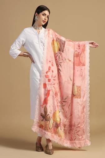 Digital floral motif print chinon silk embroadery sequnce work traditional dupatta wear on kurti for women and girls