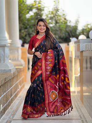 Black Ikat Weaving Art Silk Saree 1