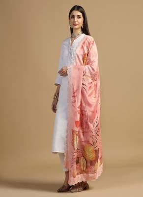 Digital floral motif print chinon silk embroadery sequnce work traditional dupatta wear on kurti for women and girls 2
