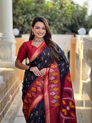 Black Ikat Weaving Art Silk Saree 3