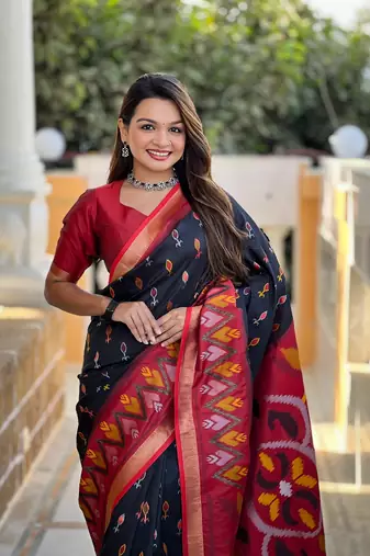 Black Ikat Weaving Art Silk Saree