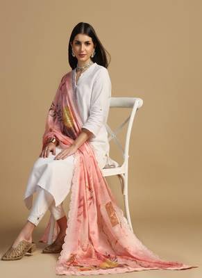 Digital floral motif print chinon silk embroadery sequnce work traditional dupatta wear on kurti for women and girls 3