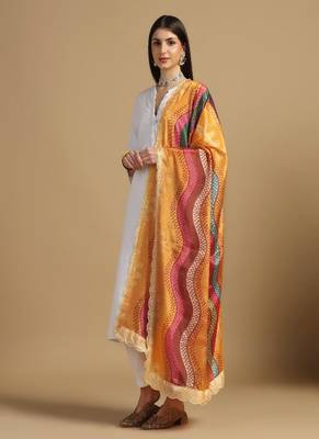 Digital floral motif print chinon silk embroadery sequnce work traditional dupatta wear on kurti for women and girls 2