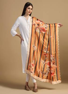 Digital floral motif print chinon silk embroadery sequnce work traditional dupatta wear on kurti for women and girls 1