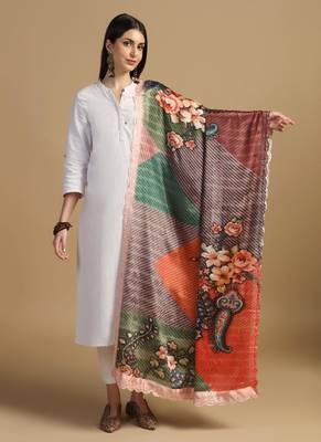 Digital floral motif print chinon silk embroadery sequnce work traditional dupatta wear on kurti for women and girls 1
