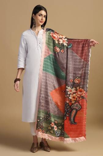Digital floral motif print chinon silk embroadery sequnce work traditional dupatta wear on kurti for women and girls