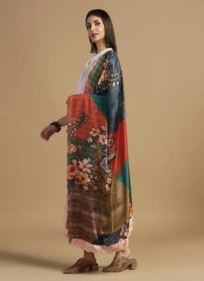 Digital floral motif print chinon silk embroadery sequnce work traditional dupatta wear on kurti for women and girls 2