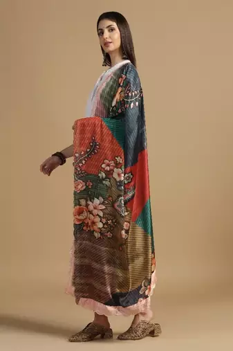 Digital floral motif print chinon silk embroadery sequnce work traditional dupatta wear on kurti for women and girls
