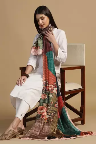 Digital floral motif print chinon silk embroadery sequnce work traditional dupatta wear on kurti for women and girls