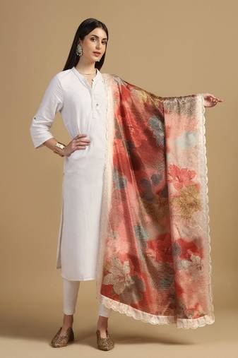 Digital floral motif print chinon silk embroadery sequnce work traditional dupatta wear on kurti for women and girls