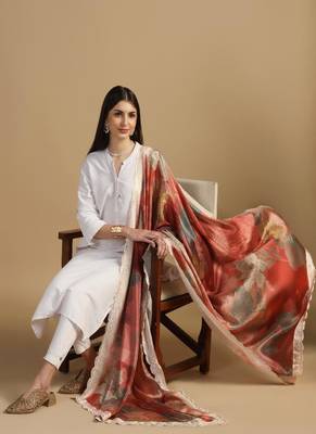Digital floral motif print chinon silk embroadery sequnce work traditional dupatta wear on kurti for women and girls 3