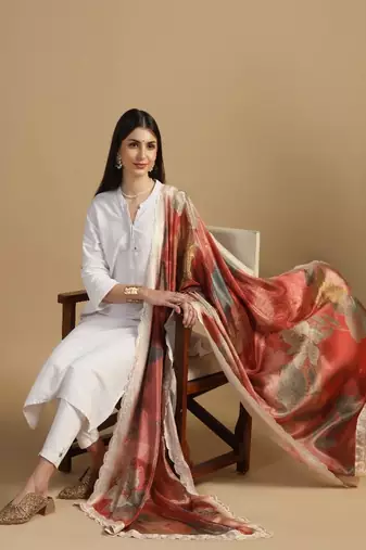 Digital floral motif print chinon silk embroadery sequnce work traditional dupatta wear on kurti for women and girls