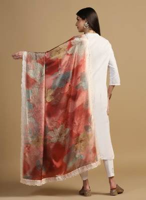 Digital floral motif print chinon silk embroadery sequnce work traditional dupatta wear on kurti for women and girls 5