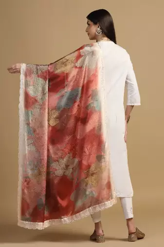 Digital floral motif print chinon silk embroadery sequnce work traditional dupatta wear on kurti for women and girls