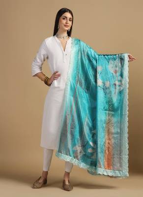 Digital floral motif print chinon silk embroadery sequnce work traditional dupatta wear on kurti for women and girls 1