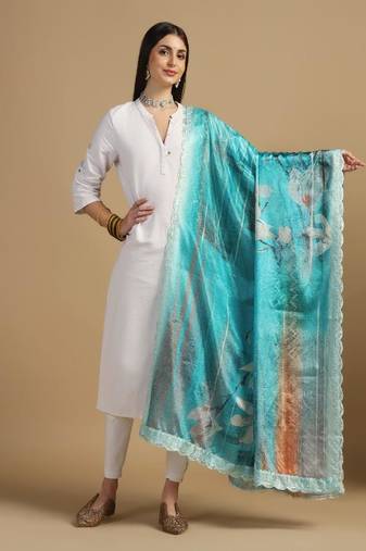 Digital floral motif print chinon silk embroadery sequnce work traditional dupatta wear on kurti for women and girls