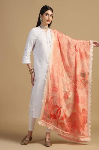 Digital floral motif print chinon silk embroadery sequnce work traditional dupatta wear on kurti for women and girls
