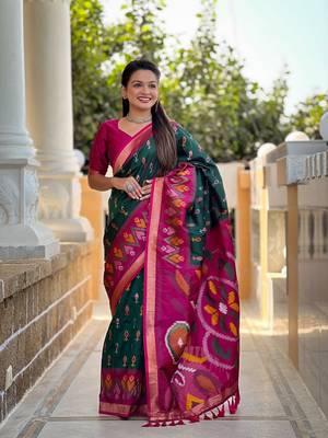 Green Ikat Weaving Art Silk Saree 1