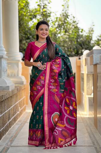 Green Ikat Weaving Art Silk Saree