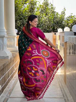 Green Ikat Weaving Art Silk Saree 2