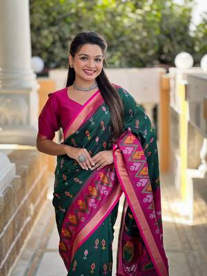 Green Ikat Weaving Art Silk Saree 3