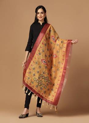 Digital Ethnic Motif Print Chanderi Cotton Zari Embroadery Work Regular Dupatta Wear on Kurti For Women and Girls 1