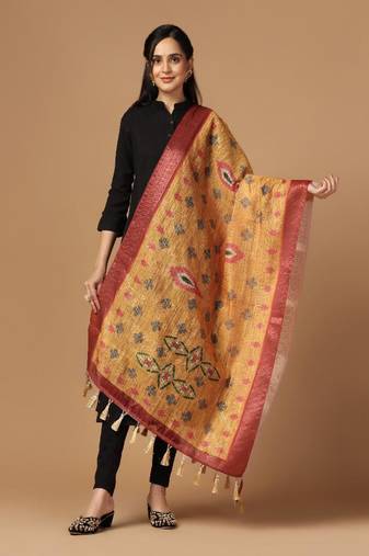 Digital Ethnic Motif Print Chanderi Cotton Zari Embroadery Work Regular Dupatta Wear on Kurti For Women and Girls