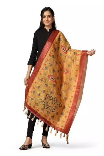 Digital Ethnic Motif Print Chanderi Cotton Zari Embroadery Work Regular Dupatta Wear on Kurti For Women and Girls