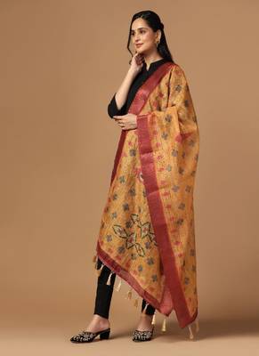 Digital Ethnic Motif Print Chanderi Cotton Zari Embroadery Work Regular Dupatta Wear on Kurti For Women and Girls 3