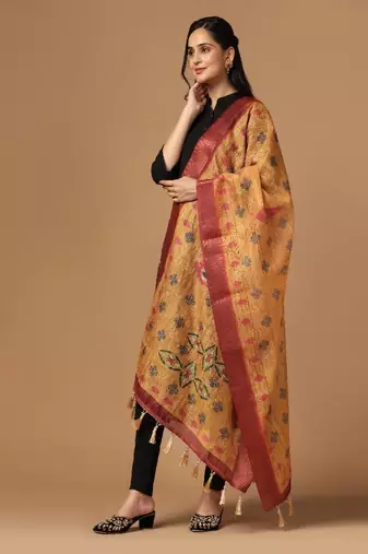 Digital Ethnic Motif Print Chanderi Cotton Zari Embroadery Work Regular Dupatta Wear on Kurti For Women and Girls