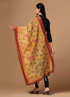 Digital Ethnic Motif Print Chanderi Cotton Zari Embroadery Work Regular Dupatta Wear on Kurti For Women and Girls 4