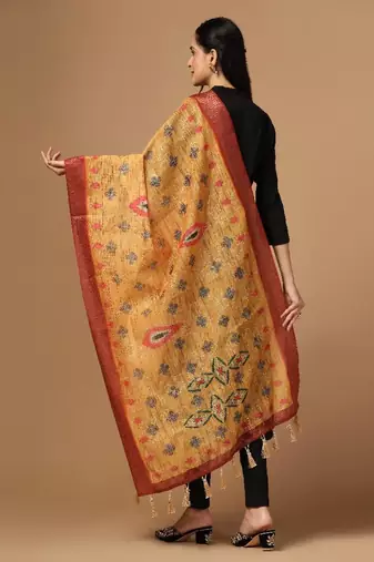 Digital Ethnic Motif Print Chanderi Cotton Zari Embroadery Work Regular Dupatta Wear on Kurti For Women and Girls